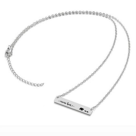 Mama bear necklace. Stainless steel bar and chain.  Adjustable chain. Silver. - Picture 1 of 3